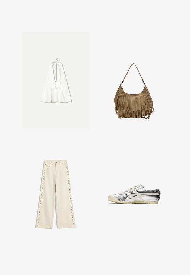 Hvid halterneck-top med dyb v-udskæring og justerbare knyde-stropper. Har indsamlet tekstur ved taljen og er lavet af et letvægtsstof.; Lysecreme brede jeans med metalnitter langs de ydre sømme, fem lommer og standard knaplukning.; Sølvmetallic sneakers med hvide detaljer og snørebånd. Har en tekstureret overflade, rund tå og en gummisål med et mønster for bedre greb.; Brun ruskind skuldertaske med lange frynser, en buet form og en enkelt skulderrem. Har en glat, tekstureret overflade.
