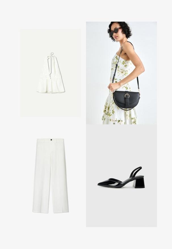 Top alb de tip halter cu decolteu adânc în V și bretele legate ajustabile. Prezintă un aspect texturat adunat la talie, fabricat dintr-un material ușor.; Pantaloni albi, cu croi larg, dintr-o textură fină, cu închidere frontală cu buton și bucle pentru curea, concepuți pentru o încălțare confortabilă.; Pantofi cu toc slingback din piele lacuită neagră, cu vârf ascuțit și toc geometric. Prezintă un design elegant, minimalist și o textură netedă.; Geantă din piele neagră, cu o formă curbată, curea detașabilă și accesorii aurii. Geanta are un capac cu un detaliu tip cataramă.