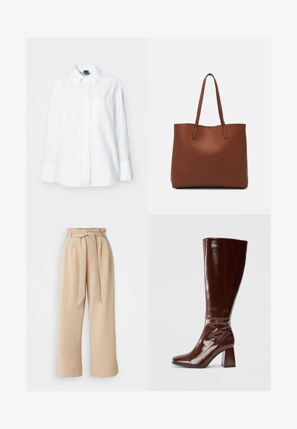 Gina Tricot CHUNKY - Košilová halenka - white; Béžové kalhoty širokého střihu s opaskem v pase, vyrobené z texturované tkaniny. Mají přední záhyb a hladký lem.; Hnědé lakované kozačky do výšky kotníků se čtveratou špičkou, lesklým povrchem a robustním podpatkem pro větší stabilitu. Bezšvový design bez viditelného kování.; Hnědá kožená taška přes rameno s hladkou texturou, otevřeným designem a dvěma ramenními popruhy. Obsahuje minimální švy a žádné viditelné kovové prvky.