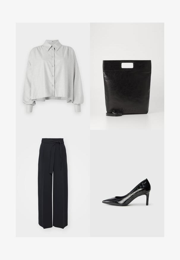 DRYKORN FLANNA - Camicia - brown; Pantaloni neri a gamba larga realizzati in tessuto morbido. Caratterizzati da una vita con cintura e pieghe frontali. Texture liscia con un design pulito e contemporaneo.; Décolleté nere con punta affusolata, finitura lucida e un sottile motivo testurizzato. Presentano un tacco moderato e un design con apertura sulla parte superiore.; Borsa tote in pelle nera con manico quadrato, caratterizzata da una finitura testurizzata e logo impresso. Include una tracolla rimovibile.