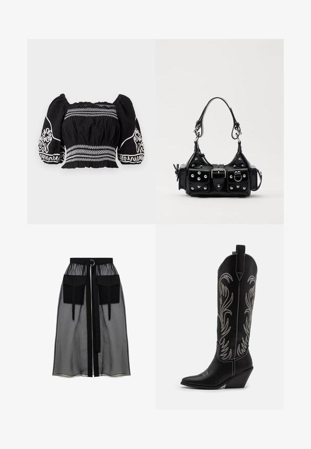 Sort off-shoulder bluse med puffærmer, prydet med hvide broderede mønstre og tekstureret stof, med samlet talje og elastiske manchetter.; Sort gennemsigtig nederdel med en rynket talje, der har to store forlommer, et taljebånd og en cirkulær metaldetalje.; Sorte læder cowboystøvler med spidse tæer, kilehæle og sølv broderede blomster mønstre langs skaftet. Kontrast syning overalt.; Sort læderhåndtaske med et buet design, prydet med sølvfarvede nitter, en spænde og to sidelommer. Justerbar rem til forskellige bære muligheder.