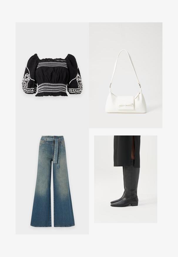 Svart av skuldrene bluse med pufferm, med hvite broderte mønstre og teksturert stoff, samlet midje og elastiske mansjetter.; Bredde ben jeans med en lyseblå til mørkeblå gradient, høyt liv, beltehemper og et matchende belte i samme stoff. Teksturert denimoverflate.; Sorte knelengde støvler laget av glatt lær med spiss tå og lav blokkhæl; minimal søm og strømlinjeformet design.; Hvit syntetisk håndveske med trekantet form, flat klaff foran og sløyfe detaljer, justerbar stropp, glatt tekstur og minimalistisk design.
