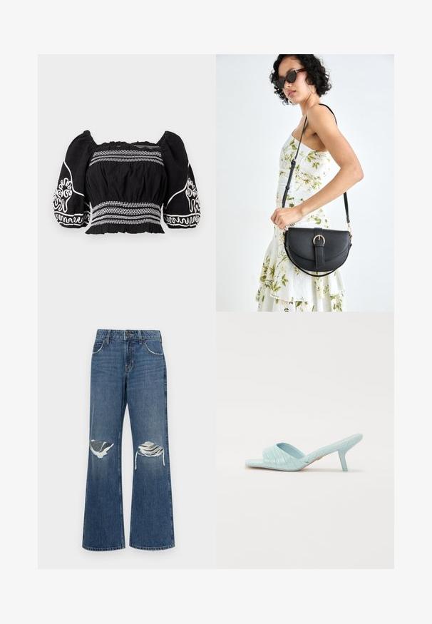 Melna blūze bez plecu, ar pūkainiem piedurknēm, ar baltajiem izšuvumiem un teksturētu audumu, ar savilktu jostasvietu un elastīgām aprocēm.; Denim platās kājas bikses vidēji zilā krāsā, ar nolietotiem ceļgaliem, neapstrādātiem apakšmalu galiem un klasisku piecu kabatu dizainu ar metāla pogu aizdari.; Gaiši zila augstpapēžu slidējoša sandale ar krokodila tekstūru, atvērtiem pirkstiem un šauru stiletto papēdi. Gluda spīdīga apdare bez apdarei.; Melnas ādas rokassoma ar izliekta formu, noņemamu siksnu un zelta aksesuāriem. Somai ir vāciņš ar sprādzes detaļu.