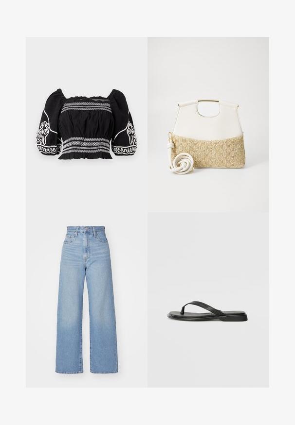 Schwarze schulterfreie Bluse mit Puffärmeln, die über weiße gestickte Muster und strukturierten Stoff verfügt, sowie einer gerafften Taille und elastischen Bündchen.; Hellblaue High-Waist-Weite-Leg-Jeans mit Knopf- und Reißverschluss vorne, Vorder- und Rückentaschen, auf weißem Hintergrund.; Schwarze Flip-Flops aus glattem Leder, mit einem dünnen Riemendesign und einer flachen Sohle mit minimalem Profil. Keine bemerkenswerten Muster oder Akzente.; Weiße Lederhandtasche mit einem strukturierten cremefarbenen gewebten Stoffboden. Verfügt über einen goldfarbenen Griff und einen gewickelten weißen Trageriemen für Vielseitigkeit.