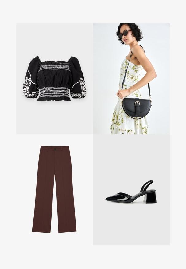 Schwarze schulterfreie Bluse mit Puffärmeln, die über weiße gestickte Muster und strukturierten Stoff verfügt, sowie einer gerafften Taille und elastischen Bündchen.; Weite Hose aus einem hochwertigen braunen Stoff. Mit einem Knopfverschluss, zwei frontalen Taschen, glatter Textur und klaren Linien.; Schwarze Lackleder-Slingback-High Heels mit spitzem Schuh und einem geometrischen Blockabsatz. Verfügt über ein schlankes, minimalistisches Design und eine glatte Textur.; Schwarze Lederhandtasche mit geschwungener Form, abnehmbarem Tragegurt und goldenen Beschlägen. Die Tasche verfügt über einen Deckel mit einer Schnallen-Details.