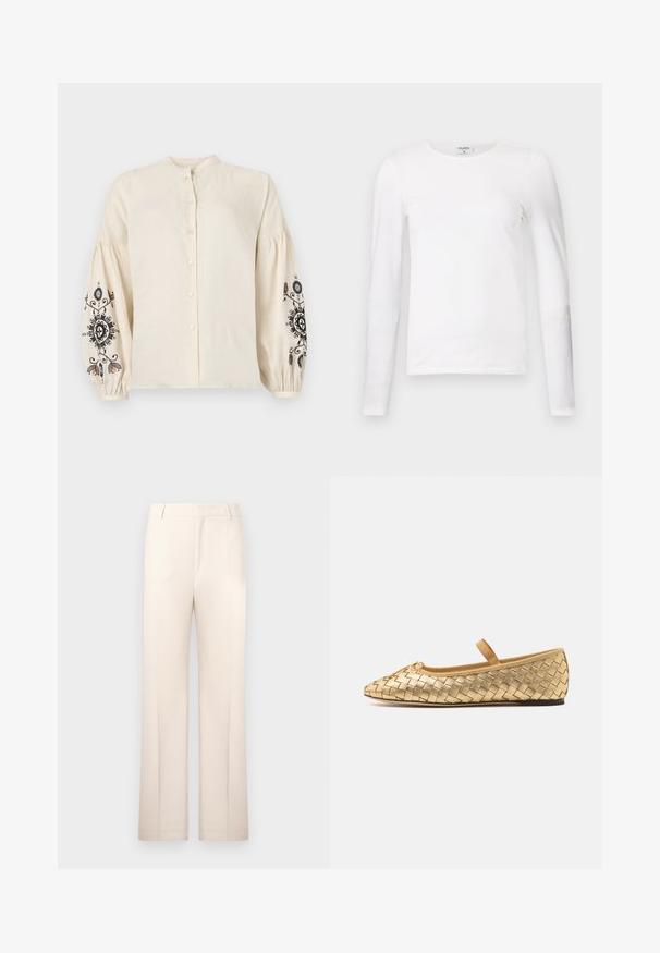 Cremfarbene Leinenbluse mit Stehkragen, vorderem Knopfverschluss und puffigen Ärmeln, die mit schwarzer und bunter Blumenstickerei verziert sind.; Weißes Langarm-T-Shirt aus weicher Baumwolle, mit rundem Halsausschnitt und schmalem Schnitt, sauberen Nähten und ohne sichtbare Muster.; Beige maßgeschneiderte Hose mit geradem Schnitt, aus leichtem Stoff gefertigt. Sie verfügt über Vorderfalten und einen klassischen Bund.; Loeffler Randall LEONIE SOFT BALLET FLAT - Riemchenballerina - gold