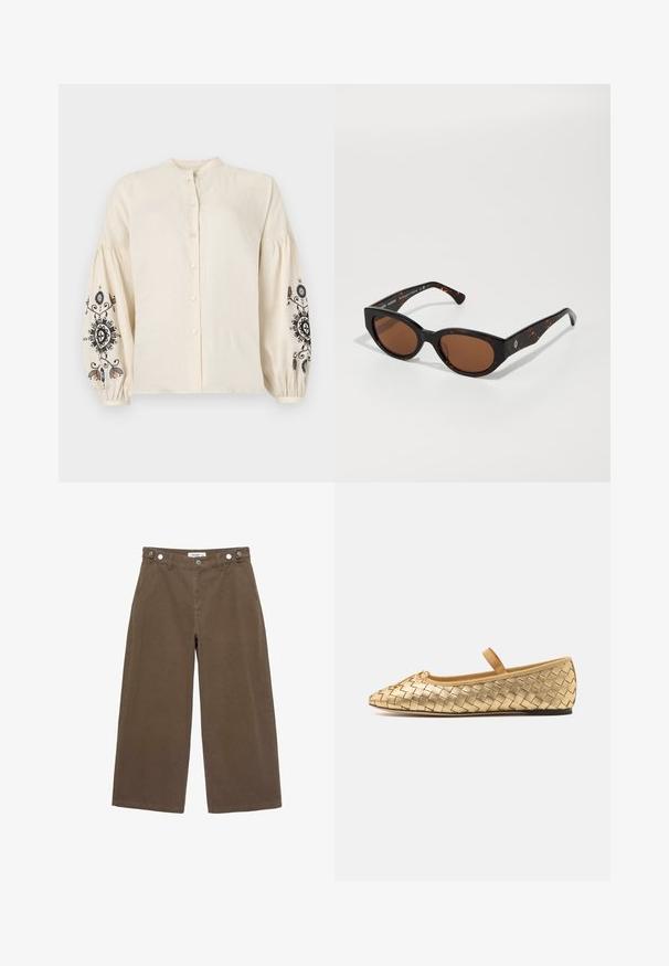 Camicia di lino crema con colletto alla cinese, bottoni frontali e maniche a sbuffo con ricamo floreale nero e colorato.; Pantaloni larghi marroni realizzati in un tessuto resistente. Presentano due tasche frontali, chiusura con bottone e una vestibilità comoda con una texture liscia.; Loeffler Randall LEONIE SOFT BALLET FLAT - Ballerine con cinturino - gold; Occhiali da sole tartarugati neri con lenti marroni, design angolare e aste larghe con un discreto logo. Texture in plastica liscia.