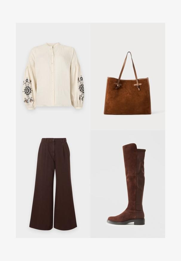 Cream linen blouse with a mandarin collar, front buttons, and puffed sleeves featuring black and colorful floral embroidery.; High-waist wide-leg brown pants with button and zipper closure, belt loops, and front pleats.; Tall brown suede and fabric boot with low black heel and rounded toe, shown in side view on plain white background.; Brown suede tote bag with two leather handles, flat shape, stitched accents, and knot detail on the sides. No visible closures.