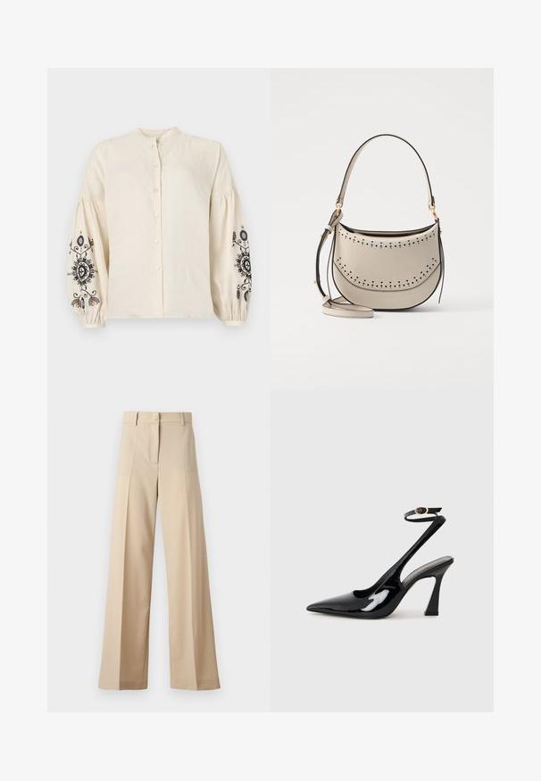 Cream linen blouse with a mandarin collar, front buttons, and puffed sleeves featuring black and colorful floral embroidery.; Beige wide-leg trousers made of smooth fabric, featuring a flat front with pleats, a zip fly, and belt loops. Tailored fit overall.; Black patent leather slingback high heels with a pointed toe, adjustable ankle strap, and a moderate block heel. Smooth texture with glossy finish.; Vanessa Bruno MINI DAILY BAG - Handbag - ivoire