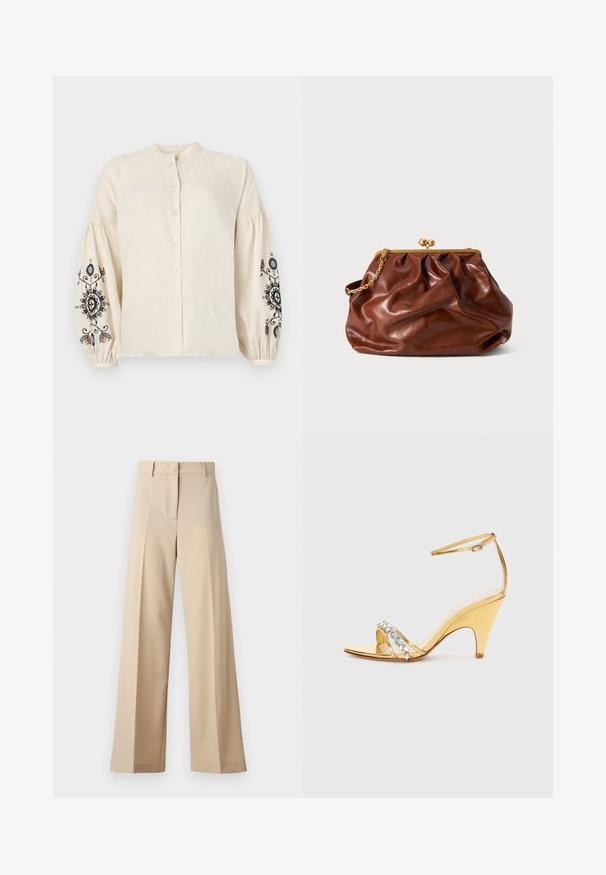 Camicia di lino crema con colletto alla cinese, bottoni frontali e maniche a sbuffo con ricamo floreale nero e colorato.; Pantaloni beige a gamba larga realizzati in tessuto morbido, con fronte piatto e pieghe, zip e passanti per cintura. Vestibilità sartoriale complessiva.; Sandalo con tacco dorato dal design a fasce, caratterizzato da una banda decorata con strass. Punta aperta, cinturino alla caviglia regolabile e tacco affusolato.; Borsa a mano in pelle marrone con chiusura dorata e manico a catena corto dorato, caratterizzata da una morbida texture arricciata su sfondo bianco.