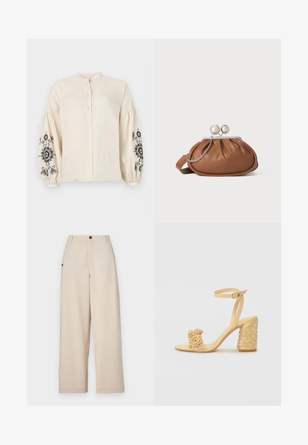 Cream linen blouse with a mandarin collar, front buttons, and puffed sleeves featuring black and colorful floral embroidery.; Beige wide-leg trousers made of soft fabric, featuring a front button closure, side pockets, and a relaxed fit.; Beige high-heeled sandal with a braided texture, featuring a decorative flower and ankle strap. Square-shaped heel adds stability.; Brown leather clutch purse with silver ball clasp and a small silver chain detail on a white background.