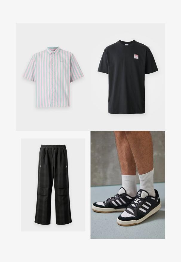 Camisa de botón de manga corta con rayas verticales alternas en rosa claro y verde menta, con una textura de algodón suave y un pequeño detalle de logo.; Camiseta de algodón negra con cuello redondo, mangas cortas y una pequeña etiqueta de color en el lado izquierdo del pecho que presenta la palabra "SUPERIOR".; Pantalones de cuadros negros con cintura elástica, dos bolsillos frontales y un ajuste holgado con diseño de pierna recta. Fabricados en material ligero.; Zapatillas en blanco y negro con parte superior de ante y cuero, que presentan tres franjas blancas, una puntera perforada y una suela de goma.