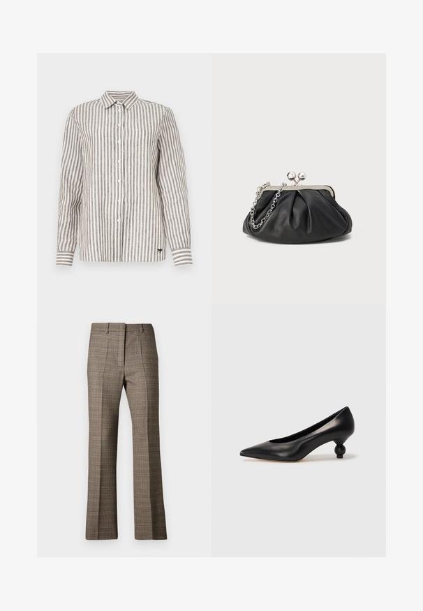 Hemd mit Knopfleiste in hellbeige mit dunkelbraunen, vertikalen Streifen. Mit Kragen, langen Ärmeln und einem kleinen Logo unten links.; Braune karierte Hose mit geradem Bein, die aus einem strukturierten Stoff gefertigt ist und dezente Farbtöne von Beige und dunkleren Brauntönen im Muster aufweist.; Schwarze Leder-Pumps mit spitzem Zehenbereich und runder, ballförmiger Ferse. Glatte Textur mit einem eleganten, minimalistischen Design.; Schwarze Leder-Clutch mit geraffter Textur, silberfarbener Metallrahmen, Druckverschluss und Kettenriemen. Glatte, weiche Oberfläche.