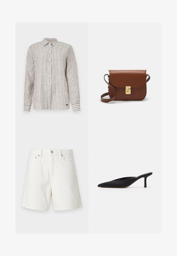 Button-up shirt in light beige with dark brown vertical stripes. Collared design, long sleeves, and a small logo on the bottom left.; White denim shorts with a straight cut, five-pocket design, front button closure, silver hardware, and stitched detailing.; Black pointed-toe mule with a sleek design, made of smooth fabric, featuring a slender heel and open back for easy wear.; Brown leather handbag with a flap closure, gold-tone hardware, a shoulder strap, and a smooth texture. Compact rectangular shape.