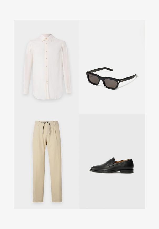 Pal Zileri CAMICIA - Camicia elegante - white; Pantaloni beige con una vestibilità dritta, dotati di una vita con cordoncino, frontale plissettato e texture liscia. Design semplice e versatile.; Mocassino in pelle nera con punta arrotondata, dettagli cuciti sottili e tacco basso, caratterizzato da una texture liscia e un design minimalista.; Occhiali da sole neri rettangolari con lenti scure, montatura spessa in plastica, dettagli dorati sulle tempie e logo del marchio inciso sull'asta.