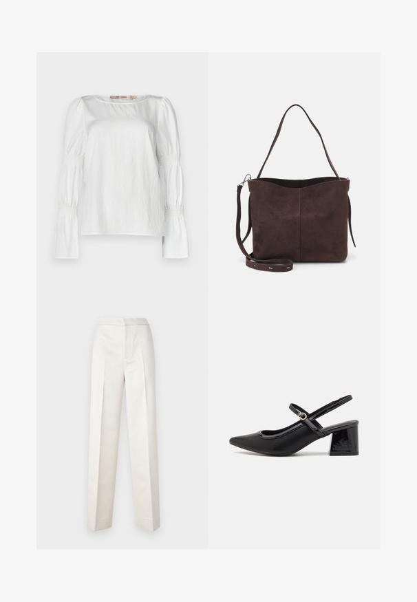 White blouse with long, puffed sleeves and smocked detailing at the cuffs. Smooth fabric with a simple, relaxed fit and round neckline.; Cream-colored trousers with a tailored fit, featuring a straight leg, smooth fabric, front pleats, and clean hem. Minimalist design.; Black patent leather slingback heels with a pointed toe, a rounded cutout design, and a block heel. Features a gold-tone buckle accent.; Brown suede tote bag with a soft texture, featuring a single shoulder strap and a subtle curved top opening. No visible hardware details.