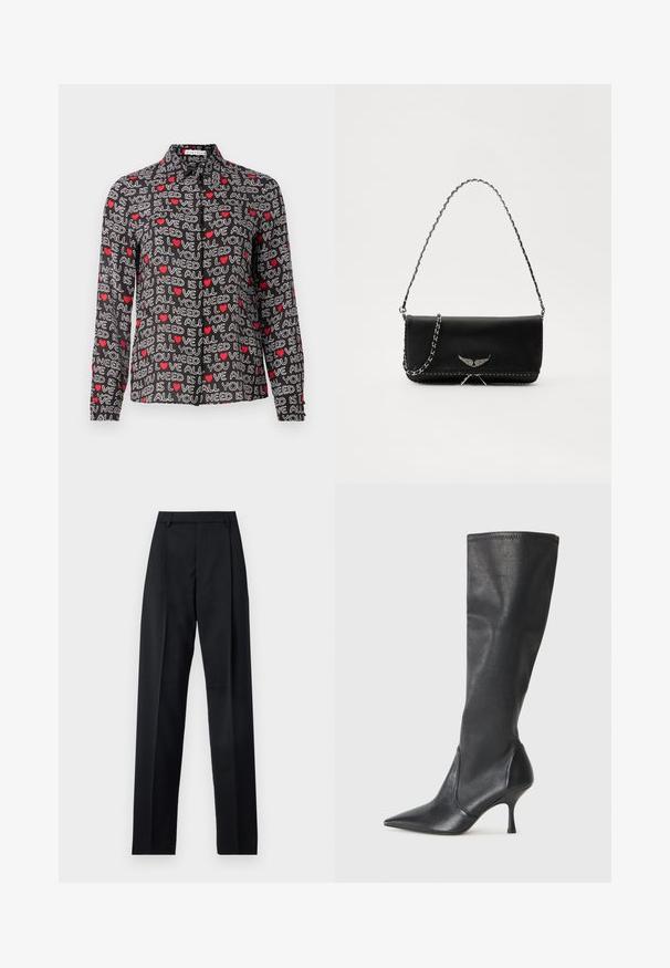 Camicia nera con bottoni, con testo bianco e rosso e cuori, che legge "TUTTO CIO' DI CUI HAI BISOGNO E' AMORE". Maniche lunghe e design con colletto classico.; Pantaloni neri realizzati in tessuto morbido, caratterizzati da vita alta, gambe larghe, pince frontali e classiche passanti per cintura. Non ci sono tasche laterali visibili.; Stivali neri in pelle al ginocchio con punta affusolata e tacco a stiletto sottile. Texture liscia con design aderente e cuciture lungo il bordo superiore.; Borsa a mano in pelle nera con una tracolla in catena argento, caratterizzata da decorazioni a forma di ali e cuciture bianche lungo la cucitura inferiore.
