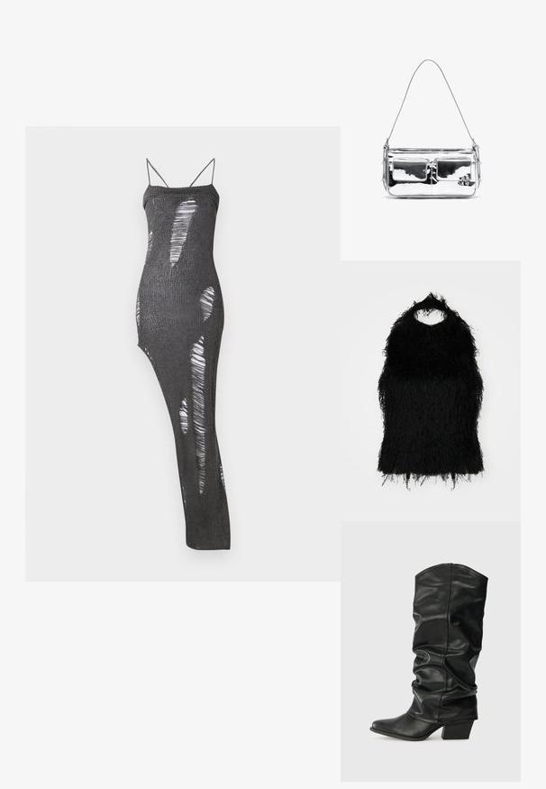 Melnas mākslīgās kažokādas blūze ar noapaļotu kakla izgriezumu un frizētu tekstūru. Audumam ir pūkains izskats, radot slāņainu efektu.; Melnā adīta garā kleitā ar plānām siksnām, kas rotāta ar daudzām izgriezumiem, radot rakstainu efektu. Mīksta tekstūra ar pieguļošu siluetu.; Melnas ādas ceļgala augstās zābaki ar izstieptu dizainu, smailu purngalu un masīlu papēdi, ar gludu faktūru un minimālām šuvēm.; Sudraba metāla plecu soma ar divām priekšējām kabatām, gluda tekstūra, šuvju detaļas un viena noņemama siksna. Kompakta taisnstūrveida forma.