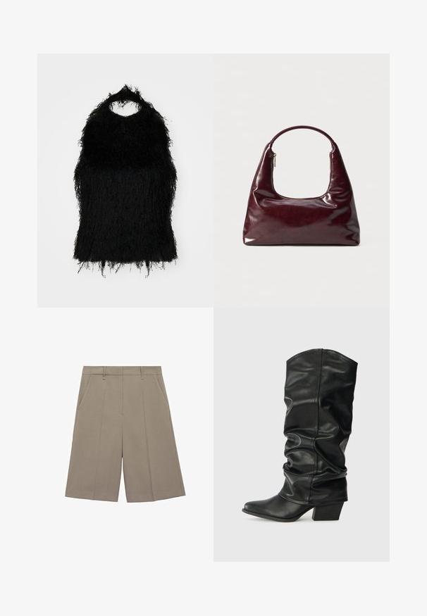 Čierny kožúšok z umelej kožušiny s okrúhlym výstrihom a strapcovanou textúrou. Tkanina má rozstrapkaný vzhľad, čo vytvára vrstvený efekt.; Béžové plisované šortky s rovnym strihom, so závesnými pútkami a bočnými vreckami. Vyrobené z hladkého, ľahkého materiálu.; Čierne kožené čižmy po kolená so sklopeným dizajnom, špicatou špičkou a masívnym opätkom, s hladkým povrchom a minimálnym šitím.; Bordová kožená kabelka s lesklým povrchom, zaoblenou rúčkou a zipsovým vrchným otvorom; má štíhly, minimálny dizajn.; Červené korálkové kruhové náušnice s textúrovaným povrchom a zlatým postranným zapínaním. Kruhový tvar s otvoreným stredom a zaoblenými detailmi z korálok.
