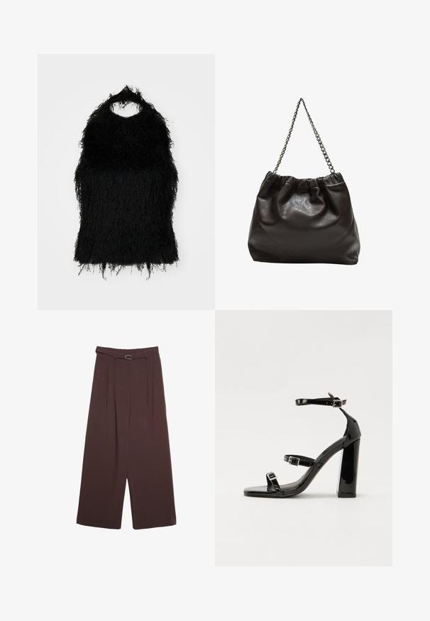 Schwarzes Kunstfelloberteil mit rundem Halsausschnitt und fransiger Textur. Der Stoff hat ein schäbiges Aussehen, das einen geschichteten Look erzeugt.; Stradivarius WIDE-LEG WITH BUCKLE DETAIL - Stoffhose - dark brown; Schwarze patentierte Sandalen mit Absatz, quadratischer Spitze, Knöchelriemen und silbernen Schnallen. Mit einem stabilen Blockabsatz für mehr Stabilität.; Braune Lederhandtasche mit gerafftem Oberteil und Kettenriemen. Glatte Textur mit glänzendem Finish und subtilen Nahtdetails an den Seiten.; Goldene Creolen mit einem glatten, runden Design. Dünn und leicht, mit einem durchgehenden Ring ohne Verzierung.