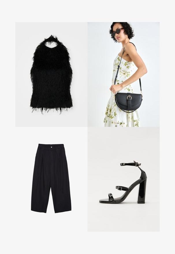 Black faux fur top with a rounded neckline and fringed texture. The fabric has a shaggy appearance, creating a layered look.; Black polyester culotte pants with an elastic waistband, two front pleats, and a loose silhouette. No visible patterns or hardware details.; Black patent heeled sandals with a square toe, ankle straps, and silver buckles. Features a chunky block heel for stability.; Black leather handbag with a curved shape, detachable strap, and gold hardware. The bag features a flap with a buckle detail.