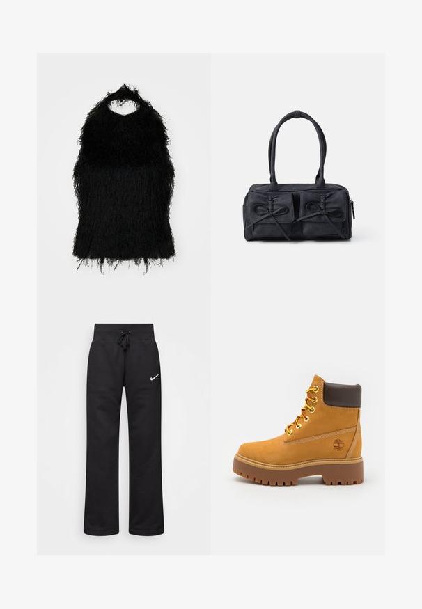 Schwarzes Kunstfelloberteil mit rundem Halsausschnitt und fransiger Textur. Der Stoff hat ein schäbiges Aussehen, das einen geschichteten Look erzeugt.; Schwarze Sweatpants aus einem Baumwollmix, mit einem Kordelzugbund, geraden Beinen und einem weißen Nike-Logo auf der linken Seite.; Beige, wasserdichte Stiefelette mit einer robusten Gummisohle, runder Zehenpartie, braunem Lederkragen, gelben Schnürsenkeln und einem Logo an der Seite.; Schwarze Stoffhandtasche mit zwei vorderen Taschen, die mit Schleifendetails versehen sind, doppelten Griffen und einem Reißverschluss. Weiche Textur und rechteckige Form.
