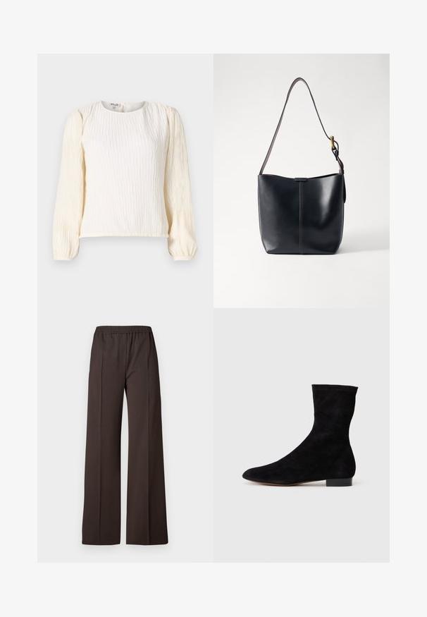 White, textured blouse with long puff sleeves. Features a round neckline and a relaxed fit. Made from lightweight, flowy fabric.; Wide-leg trousers in dark brown fabric with an elastic waistband, featuring a smooth texture and clean lines for a tailored look.; Black suede ankle boot with a fitted shaft, pointed toe, and a low block heel. Smooth texture and minimalistic design, suitable for versatile styling.; Black leather shoulder bag with a smooth texture, featuring a thin, long strap and a subtle stitched detail down the center.