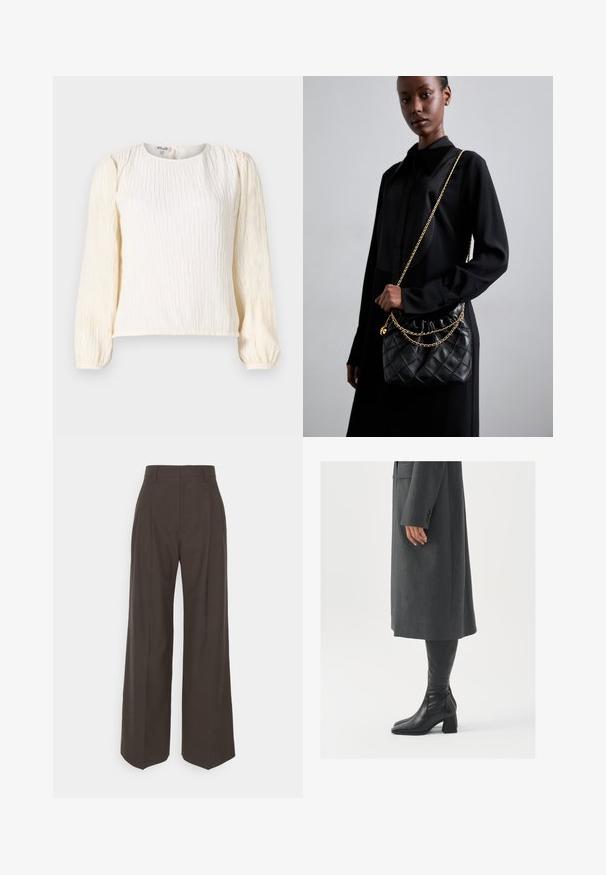 Blouse blanche texturée avec de longues manches bouffantes. Équipée d'un col rond et d'une coupe décontractée. Fabriquée en tissu léger et fluide.; Pantalons larges marron foncé à taille haute, avec des plis soigneusement marqués, une texture lisse et une coupe ajustée.; Manteau gris taillé à coupe droite ; associé à des bottes en cuir noir jusqu'au genou avec un bout carré et un talon épais.; Sac à main en cuir matelassé noir avec un dessus froncé, une bandoulière en chaîne dorée et une forme rectangulaire, tenu contre un fond uni.