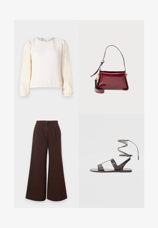 Bijela, strukturirana bluzica s dugim nabranim rukavima. Ima okrugli izrez i opušteni kroj. Izrađena je od lagane, lepršave tkanine.; Smeđe hlače širokih nogavica visokog struka s dugmetom i zatvaračem, petljama za remen i prednjim nabranim detaljima.; Smeđe kožne sandale s ravnim potplatom, minimalističkog dizajna, sa zakrivljenim remenom oko gležnja i višestrukim otvorima za prozračnost.; Torba od burgundske patentirane kože sa strukturiranim dizajnom, zatvaranjem na zip na vrhu i odvojivim remenom za rame. Zlato hardverski dodaci.