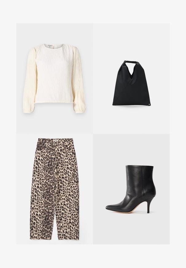 Hvid, tekstureret bluse med lange puffærmer. Har en rund halsudskæring og en afslappet pasform. Fremstillet af letvægts, flydende stof.; Leopardprint bukser i beige og sort, med en afslappet pasform, tekstureret stof og fire lommer samt elastisk talje.; Sort læder ankelstøvle med spids tå, slank stiletthæl og glat tekstur. Minimalistisk design uden synligt hardware eller accenter.; MM6 Maison Margiela SMALL JAPANESE - Shopping bags - black