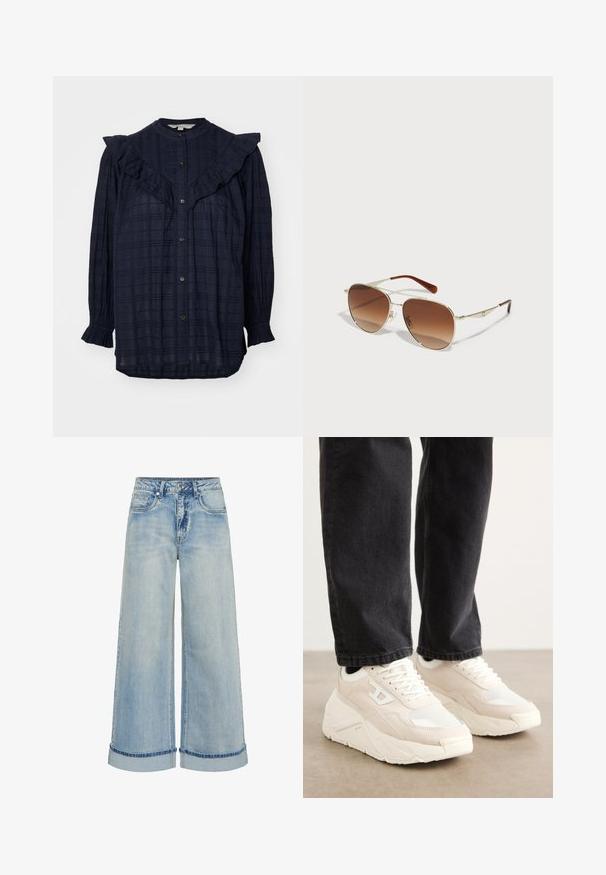 Navy blue button-up shirt with ruffled collar and cuff details. Textured fabric features a subtle grid pattern throughout.; Light blue denim wide-leg jeans with a high waist, featuring a folded cuff, five pockets, and contrast stitching.; Beige sneakers with a textured fabric upper and white rubber sole. Features a minimalistic design and subtle logo detail on the side.; Gold metal-framed sunglasses with gradient brown lenses. Features a unique geometric shape and brown accents on the arms. Lightweight design.