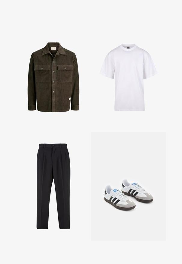 Kohvane korduroožakk vertikaalse soonte tekstuuriga, nööpidega esiosa, kaks rinna taskut ja klassikaline krae, mille hemil on peen brändimärgis.; Valge puuvillane t-särk ümmarguse kaeluse, lühikeste varrukate ja lõdva lõikega. Omab lihtsat disaini ilma mustrite või aktsendita.; Mustad püksid, millel on voltidega eesmine disain, valmistatud siledast kangast. Omab nup closure ja vöökinnitusauke; sirge jalgade lõige.; Spordijalatsid valge nahkpealsega, halli nubuk-naha otsaga ja kolme musta triibuga. Omab sinist logo keele peal ja struktureeritud kummitalda.