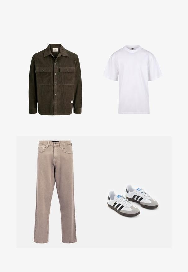 Bruine corduroy jas met verticale ribbelstructuur, knopenaanpak aan de voorkant, twee borstzakken en een klassieke kraag, met een subtiele merketiket aan de onderkant.; Witte katoenen t-shirt met een ronde hals, korte mouwen en een relaxte pasvorm. Heeft een eenvoudig ontwerp zonder patronen of accenten.; Lichtbeige jeans met rechte pijpen, een licht vervaagde textuur, vijfzakkenontwerp en metalen knoopsluiting. Opvallende stikseldetails.; Sportschoenen met een witte leren bovenkant, grijze suède neus en drie zwarte strepen. Bevat een blauw logo op de tong en een gestructureerde rubberen zool.