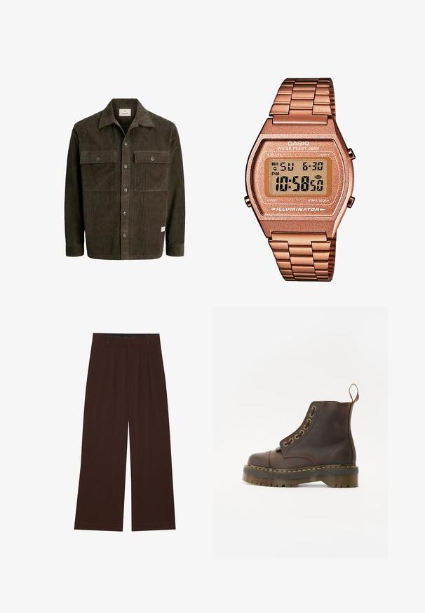 Rudas kordurojo striukė su vertikaliau raukšlėta tekstūra, mygtukų užsegimu, dviem krūtinės kišenėmis ir klasikiniu apykakle, su subtiliu prekės ženklu sijone.; Penkių marškinėlių rinkinys: juodi, šviesiai žali, béžiniai, šviesiai violetiniai ir balti. Kiekvieni turi apvalų iškirpimą ir trumpas rankoves, pagaminti iš medvilnės.; Rudi plačiai praplečiami kelnių su klostėmis. Pagaminti iš lygaus audinio, su pritaikytu liemeniu ir šoninėmis kišenėmis. Lygus apačios kraštas.; Rudos odinės kulkšninių batus su apvalia nosimi, kontrastinga geltona siūle, dekoratyviniais metaliniais akių skyreliais ir grioveliuota guma pagrindu.; Skaitmeninis Casio laikrodis su rožinės aukso metaline juosta, stačiakampiu korpusu, apšviečiamu ekranu ir atsparumu vandeniui, rodomas laikas ir data.