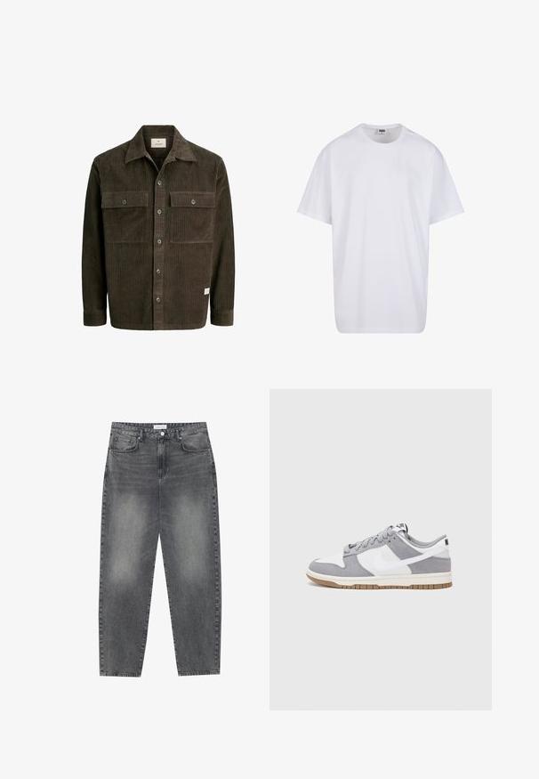 Kohvane korduroožakk vertikaalse soonte tekstuuriga, nööpidega esiosa, kaks rinna taskut ja klassikaline krae, mille hemil on peen brändimärgis.; Valge puuvillane t-särk lühikeste varrukatega, ümmarguse kaelusega, lõdva lõikega ja ilma nähtavate logodeta või mustriteta. Sile tekstuur ja minimaalne disain.; Kõrgema vöökohtadega, lõdva lõikega teksad, mis on valmistatud tuhmist mustast denimist. Selles on viis taskut, traksid ja puhas, sirge säärelõige.; Halli ja valge tennis鞋, millel on nubuk- ja nahkdetailid, ümar varvas, lamedad nöörid ning kummist tald, millel on kola aktsent.