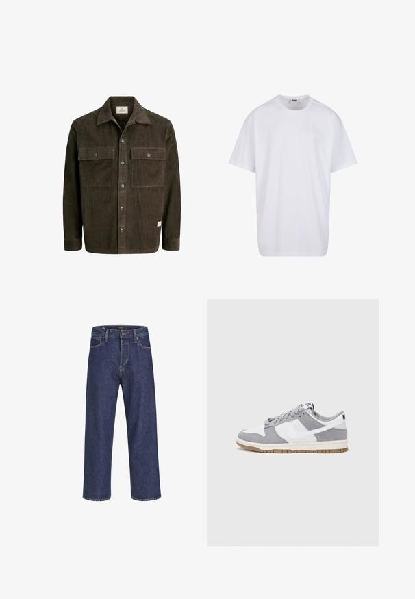 Bruine corduroy jas met verticale ribbelstructuur, knopenaanpak aan de voorkant, twee borstzakken en een klassieke kraag, met een subtiele merketiket aan de onderkant.; Witte katoenen t-shirt met korte mouwen, ronde hals, relaxte pasvorm en zonder zichtbare logo's of patronen. Gladde textuur en minimalistisch ontwerp.; Donkerblauwe spijkerbroek met een rechte snit, vijf zakken, een metalen knoopsluiting en contrasterende stiksels, met een subtiele textuur.; Nike sneakers hebben een bovenzijde van grijs suède en wit leer met perforaties, ronde veters en een gum zool voor grip.
