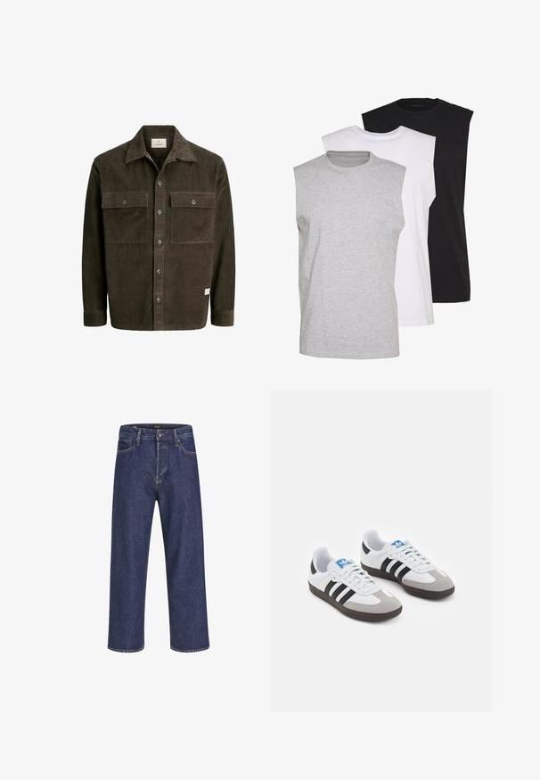 Hnědá kordurová bunda s vertikální ribkovanou strukturou, zapínání na knoflíky, dvě hrudní kapsy a klasický límec, s jemnou značkovou nášivkou na lemu.; Tři bezrukávové trička v šedé, bílé a černé barvě. Měkký bavlněný materiál s kulatým výstřihem a uvolněným střihem. Jednoduchý design, žádné vzory.; Tmavě modré džíny z denimu se rovný střih, designem na pět kapes, kovovým zapínáním a kontrastním šitím, s jemnou texturou.; Sportovní boty s bílým koženým svrškem, šedou semišovou špičkou a třemi černými pruhy. Obsahují modré logo na jazyku a texturovanou gumovou podrážku.