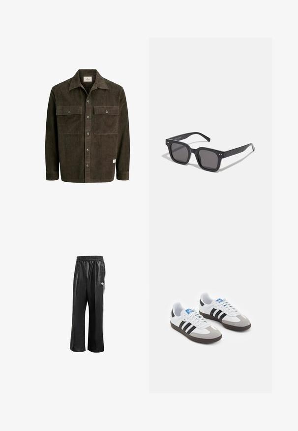 Barna kordbársony dzseki függőleges bordás textúrával, gombos elülső résszel, két mellzsebbel és klasszikus gallérral, finom márkajelzéssel az alján.; Fekete szintetikus tréningnadrág elasztikus derékkal, fehér oldalcsíkokkal és egy kis fehér logóval a bal csípőn.; Fehér bőr felsőrészes sportcipő, szürke velúrból készült orral és három fekete csíkkal. Jellemzője a kék logó a nyelvén és egy texturált gumitalp.; Fekete téglalap alakú napszemüveg sötét lencsékkel, vastag kerettel, finom díszítésekkel az oldalán, és a márkanevet leszámítva látható logók nélkül.