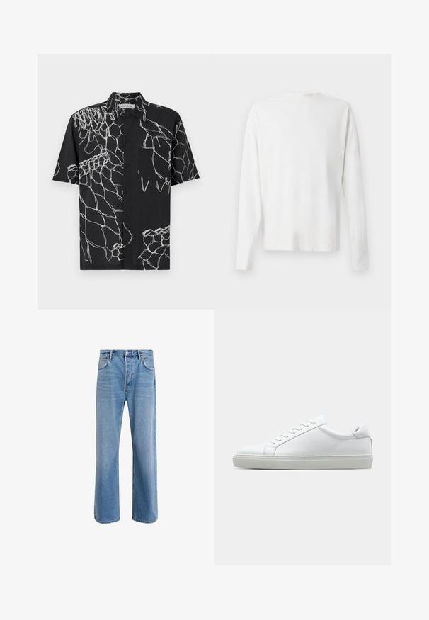 Korte ermer svart skjorte med et hvitt abstrakt linjemønster. Førstebutton-oppsett med en enkelt brystlomme. Blanding av bomullsmateriale.; Langermet hvit bomullsskjorte med rund hals, sidespalter nederst og en jevn tekstur, vist fra baksiden.; Lys blå denimjeans med rett ben-design, fem lommer, knappeåpning, minimal falming og kontrasterende sømdetaljer.; Hvit sneakers med en glatt skinnoverdel og lav profil. Har en rund tå, seks snøring hull, og en teksturert gummisåle.
