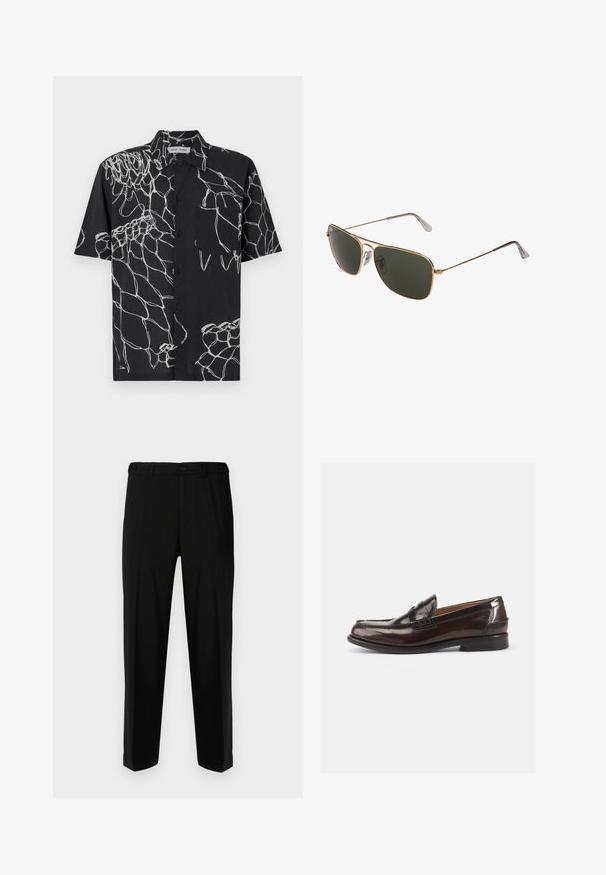 Czarna koszula z krótkim rękawem z białym abstrakcyjnym wzorem linii. Z przodu zapięcie na guziki i jedna kieszeń na piersi. Materiał z mieszanki bawełny.; Czarne spodnie wykonane z gładkiego materiału, o prostym kroju, z dwoma przednimi kieszeniami oraz zapięciem na zamek błyskawiczny i guzik.; Brązowe skórzane mokasyny o błyszczącej powierzchni, z przeszywanym wzorem na czubku i niskim obcasem. Obecny jest także boczny, wytłoczony detal z logo.; Złote metalowe okulary przeciwsłoneczne w stylu aviator z dużymi ciemnozielonymi soczewkami, z cienką oprawką i przezroczystymi podkładkami nosowymi dla komfortu.