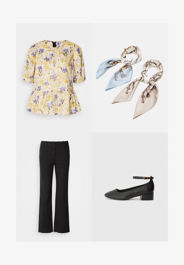 Blouse florale avec un motif jaune, violet et rose. Présente des manches ballons, un détail à nouer au niveau du col et un ourlet peplum. Tissu léger.; Pantalons en mélange de coton noirs avec une coupe droite, fermeture à bouton sur le devant et deux poches latérales. Texture lisse, sans motifs visibles.; Escarpin en cuir noir avec un bout pointu et un petit talon bloc. Doté d'une bride de cheville avec une boucle dorée. Texture lisse.; Anna Field 2 PACK - Foulard - blue/pink
