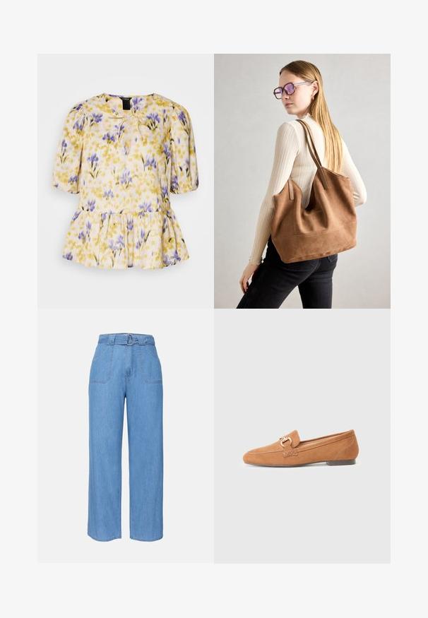 Blommig blus med ett mönster i gult, lila och rosa. Har puffärmar, knyt detaljer vid halslinningen och en peplumkant. Lättviktsmaterial.; Ljusblå denimbyxor med vida ben och bälte i midjan, två framfickor och en slät textur. Har en minimalistisk design och rena linjer.; Kamelsuede loafers med rund tå, en dekorativ ögla i metall och en platt klack. Slät textur och enkel sömdetalj.; Brun mocka toteväska med mjuk textur, stor öppning och långa axelremmar. Har en enkel design med synliga sömmar och ingen hårdvara.