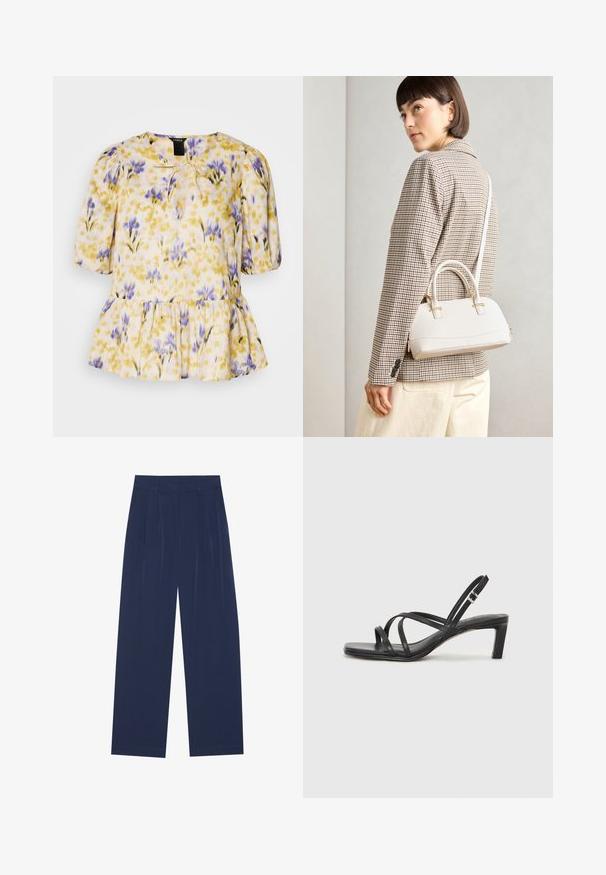 Kwiatowa bluzka z wzorem w kolorach żółtym, fioletowym i różowym. Posiada bufiaste rękawy, detal związany przy dekolcie oraz peplum u dołu. Wykonana z lekkiego materiału.; Granatowe spodnie o szerokich nogawkach, wykonane z miękkiego materiału, z przodem w kant, gładką fakturą i prostym krojem bez widocznych kieszeni.; Czarne sandały na obcasie z prostokątnym noskiem i niskim słupkowym obcasem. Posiadają wiele cienkich pasków i regulowany pasek na kostkę. Wykonane z gładkiej skóry.; Biała torebka o strukturalnym kształcie z krótkimi uchwytami i paskiem na ramię, z złotymi akcentami i teksturowanym materiałem, prezentowana na szarym tle.