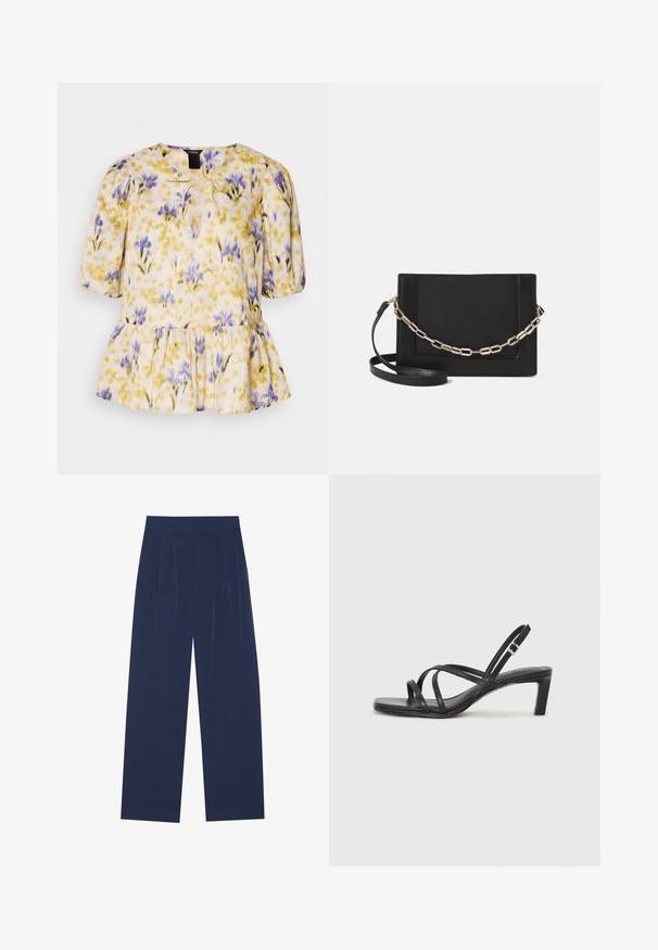 Blomstret bluse med mønster i gult, lilla og rosa. Har pufferm og knytedetalj ved halsen, samt peplumkant. Lett stoff.; Marineblå bukser med vide ben laget av mykt stoff, med frontfolder, en glatt tekstur og en rett passform uten synlige lommer.; Sorte sandaler med stropper, firkantet tå og lav blokk hæl. Har flere tynne stropper og en justerbar ankelstropp. Laget av glatt lær.; Svart lær crossbody-veske med glatt tekstur, rektangulær form og metallkjede detaljer på framsiden. Justerbar stroppe inkludert.