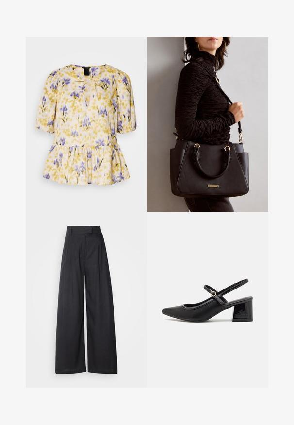 Blouse florale avec un motif jaune, violet et rose. Présente des manches ballons, un détail à nouer au niveau du col et un ourlet peplum. Tissu léger.; Pantalons larges et sombres avec une taille structurée et des plis. Fabriqués en tissu léger, avec une texture lisse et sans motifs visibles.; Escarpins slingback en cuir verni noir avec un embout pointu, un design à découpes arrondies et un talon carré. Présente un accent de boucle en ton doré.; Sac à main noir avec surface texturée, deux poignées supérieures et bandoulière réglable. Doté de quincaillerie dorée et de poches latérales.