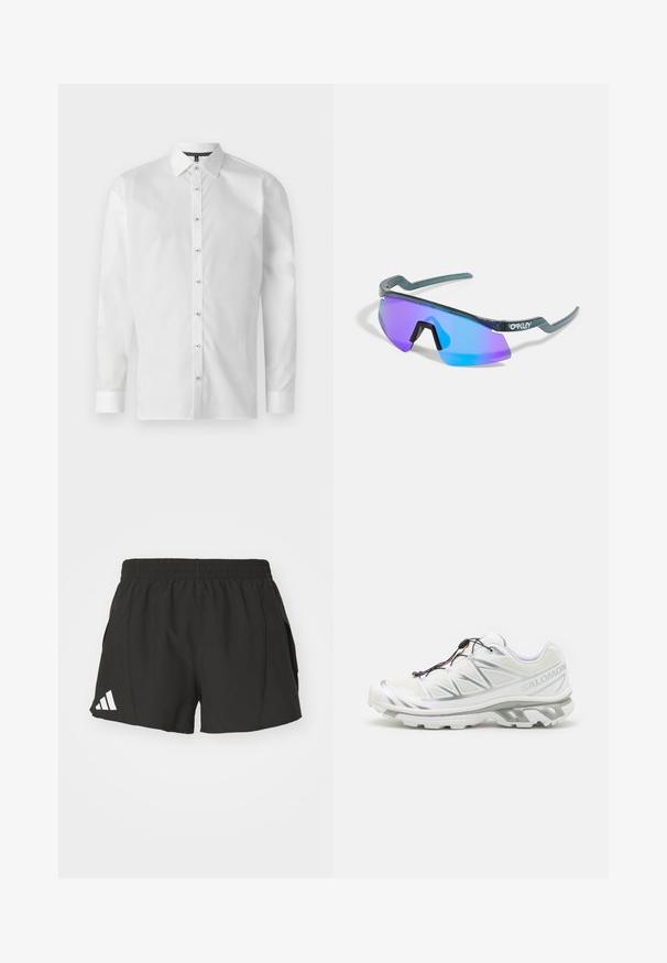 Bílá košile s dlouhým rukávem vyrobená z hladké tkaniny, s klasickým límečkem, zapínáním na knoflíky vpředu a zapínacími manžetami. Tmavě vzorovaný vnitřní límeček.; Černé sportovní šortky vyrobené z lehkého materiálu, se elastickým pasem, bočními kapsami a bílým logem Adidas na levé noze.; Bílé sportovní boty s texturovaným svrškem, reflexními detaily a šedou podešví. Vyznačují se akcentovanými trojúhelníkovými vzory a systémem rychlého šněrování.; Sluneční brýle s obepínajícím designem, modro-fialovými zrcadlovými čočkami, zeleným rámem a charakteristickými šikmými nohami.