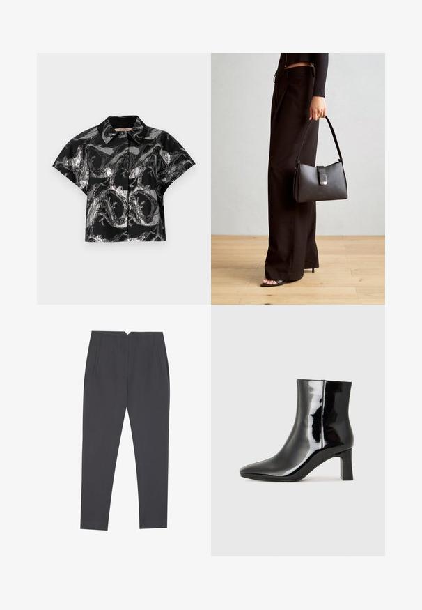 Cămașă neagră scurtă cu un model abstract metalic argintiu, cu mâneci scurte și guler ascuțit. Textură netedă și închidere cu buton vizibil.; Pantaloni tapered gri închis, cu buzunare laterale și plisuri frontale, concepuți pentru o potrivire ajustată.; Botine negre din piele lacuită, cu vârful ascuțit și toc bloc de înălțime medie. Textură netedă și design minimalist.; Genți negre cu o formă structurată, textură netedă și un închizător metalic. Asortată cu pantaloni negri largi și sandale cu vârf deschis pe un podea din lemn.