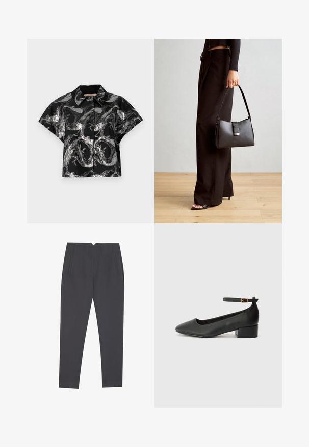 Black cropped shirt with metallic silver abstract pattern, short sleeves, and a pointed collar. Smooth texture and button closure visible.; Dark gray tapered trousers with side pockets and front pleats, designed for a tailored fit.; Black leather pump with a pointed toe and a low block heel. Features an ankle strap with a gold-tone buckle. Smooth texture.; Black handbag with structured shape, smooth texture, and a metallic clasp. Paired with wide black pants and open-toe sandals on wooden floor.