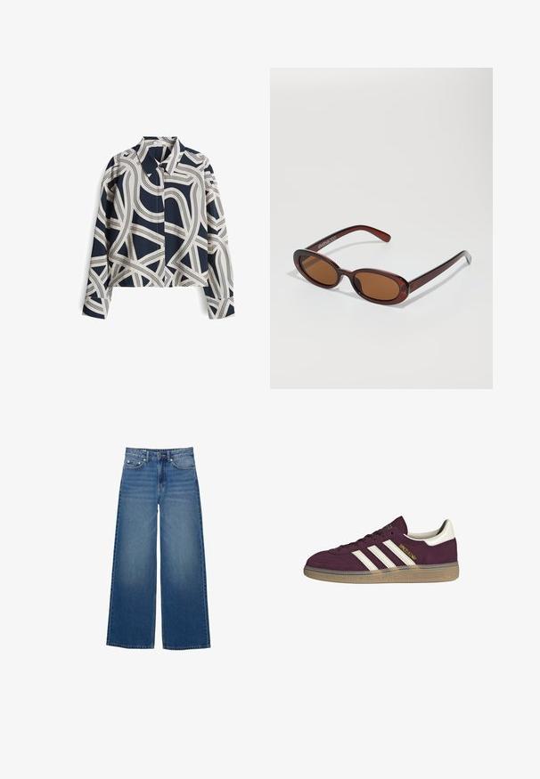 Camicia a maniche lunghe con motivo navy e crema, colletto, e design a linee astratte; tessuto misto cotone, vestibilità rilassata.; Jeans a gamba larga di colore blu, realizzati in denim, con vita alta, dettagli cuciti e un design semplice con un leggero effetto sbiadito.; Sneaker in camoscio bordeaux con tre strisce bianche e accenti beige. Presenta una suola in gomma testurizzata e un marchio dorato sul lato.; Occhiali da sole rotondi con tonalità marrone, montatura lucida color bordeaux. Aste sottili con un sottile dettaglio del marchio. Design delle lenti piatte.; Borsa a tracolla in pelle intrecciata marrone con una forma triangolare morbida. Presenta una maniglia intrecciata e una chiusura con zip lungo la parte superiore.