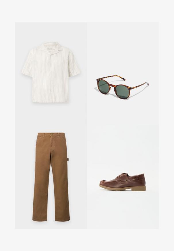 Lühikeste varrukatega nööpidega särk helesinisest linast, millel on vertikaalsed ilusad triibud, terav krae ja relaxeeritud lõige.; Pruunid puuvillased cargo-püksid sirgete jalgega, küljetaskute ja metallnööbiga vööl. Sile tekstuur ja lõdvestunud disain.; Pruun nahast paadieinad ümarate varvastega, tekstuuriga tallaga, kullatud silmadega ja ääristatud detailiga ülaosas klassikalise disaini jaoks.; Ümmargused prillid, millel on kilpkonnakilbi muster, rohelised läätsed ja õhukesed raamid. Kaunistatud metalldetailide ja tekstureeritud tempel kaupadega.